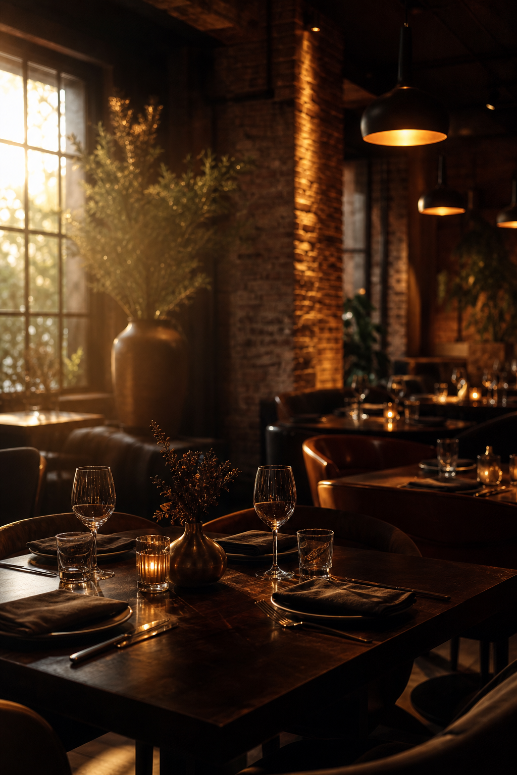 Warmly lit restaurant dining room before service